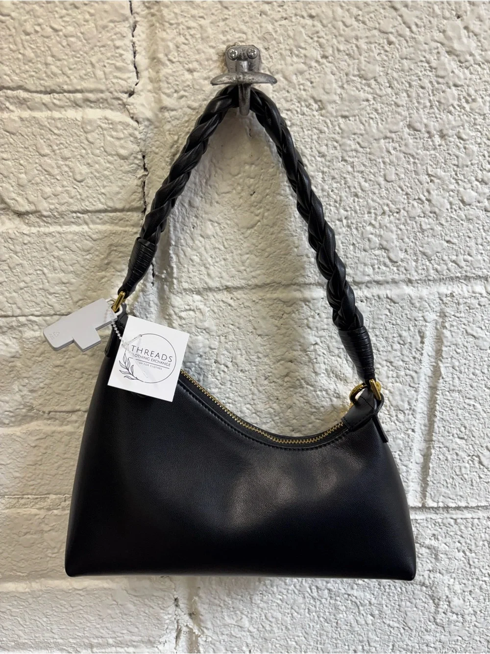 Aupen Nirvana Black Braided-Handle Shoulder Bag with Gold Accents